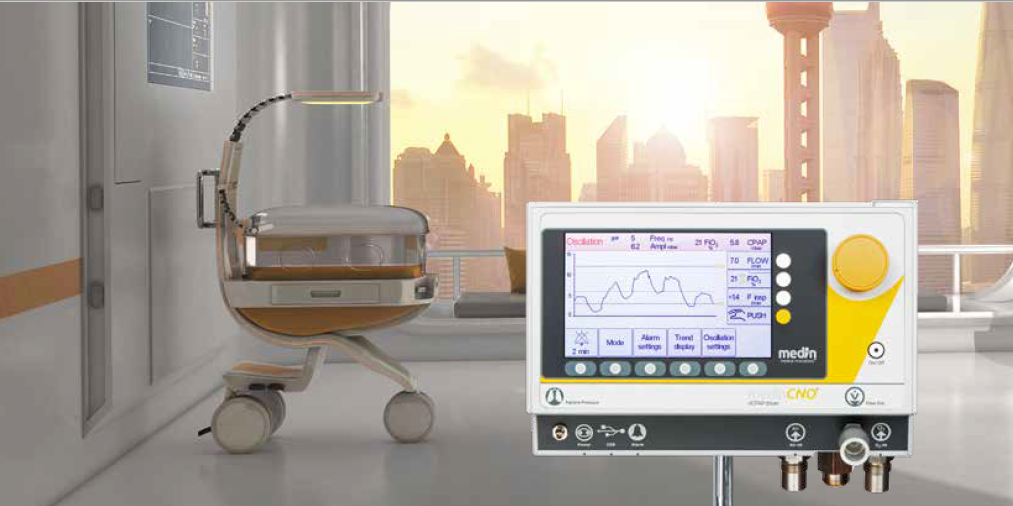 nCPAP device with nHFV medinCNO is a versatile nCPAP device which is used to provide respiratory support to premature infants and newborns. In combination with Medijet®, the compact device is a stand-alone system and meets all requirements for non-invasive nCPAP therapy. With five modes (CPAP, ApneaCPAP, NIPPV, SNIPPV, Oscillation), medinCNO offers comprehensive non-invasive support in neonatology and is the only nCPAP device with nHFV.