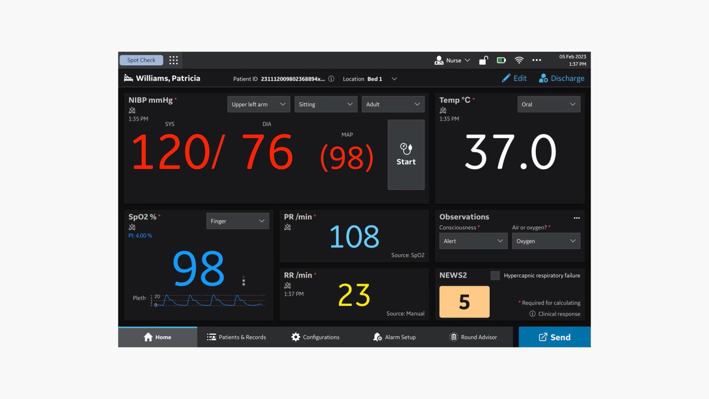 Portrait VSM screen display with EWS and respiration rate