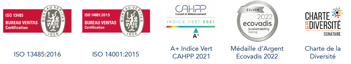 ISO 13485 ISO 14001 Indice Vert CAHPP EcoVadis Charte de la Diversité